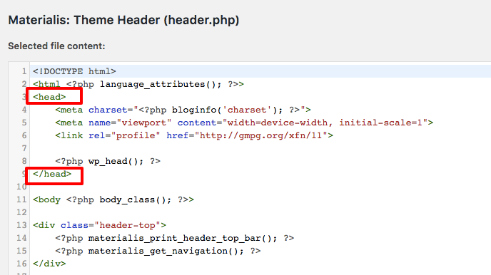  <head> 要素は header.php ファイル内にあります